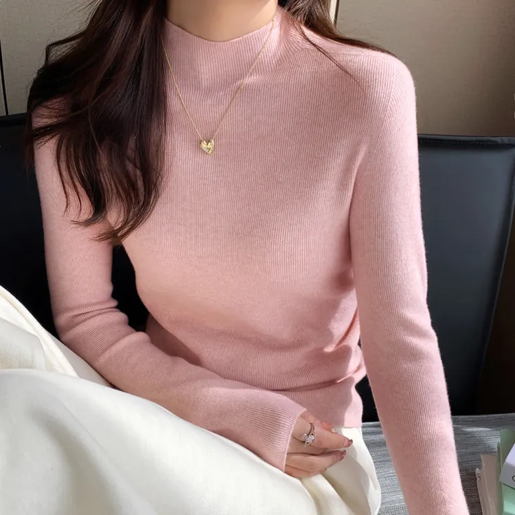 粉色半高领毛衣女秋冬内搭2025新款中领打底衫修身高级感针织上衣