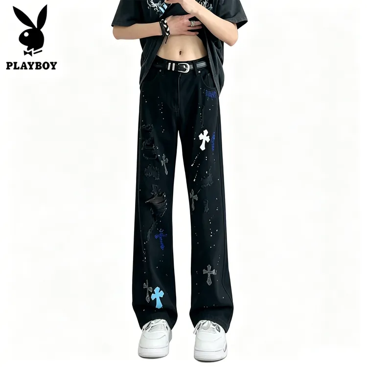 PLAYBOY/花花公子美式高街十字架烫钻破洞牛仔裤男夏季直筒长裤
