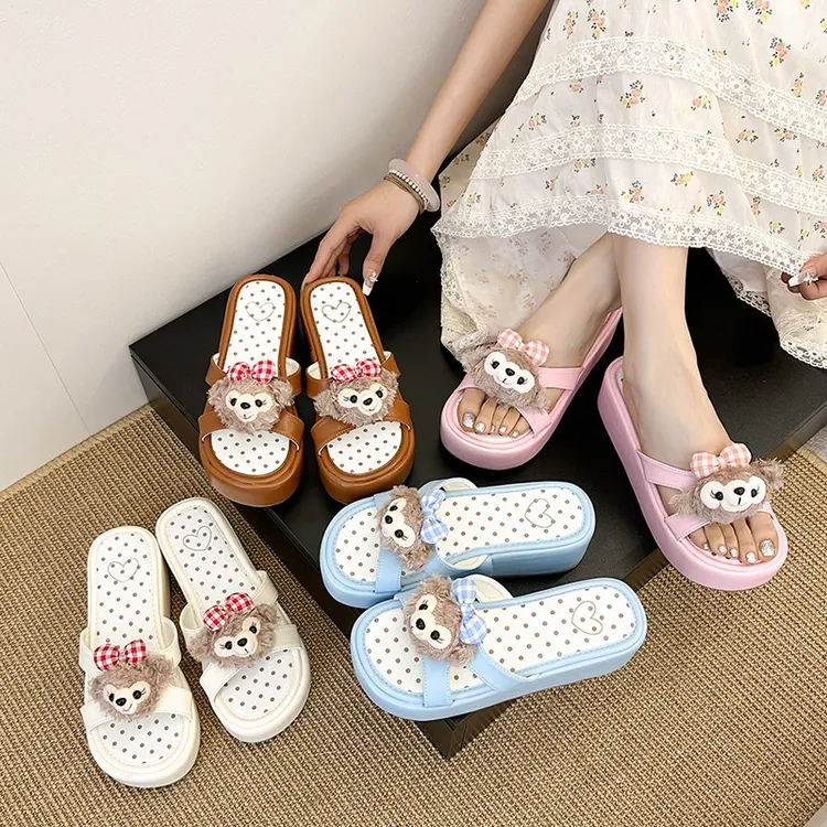 可爱卡通2025年女小个子厚底凉拖拖鞋百搭小熊夏外穿一字增高新款