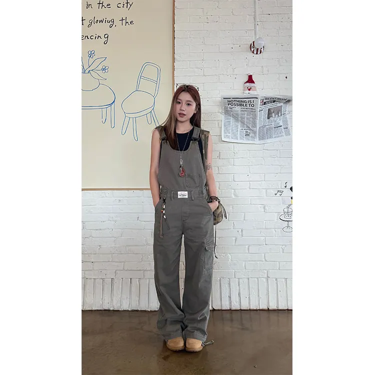 美式复古宽松直筒阔腿工装背带裤内搭上衣休闲拖地束脚抽绳长裤女
