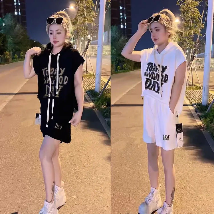 80742夏季新款 连帽字母印花短袖上衣+短裤两件套 百搭休闲套装