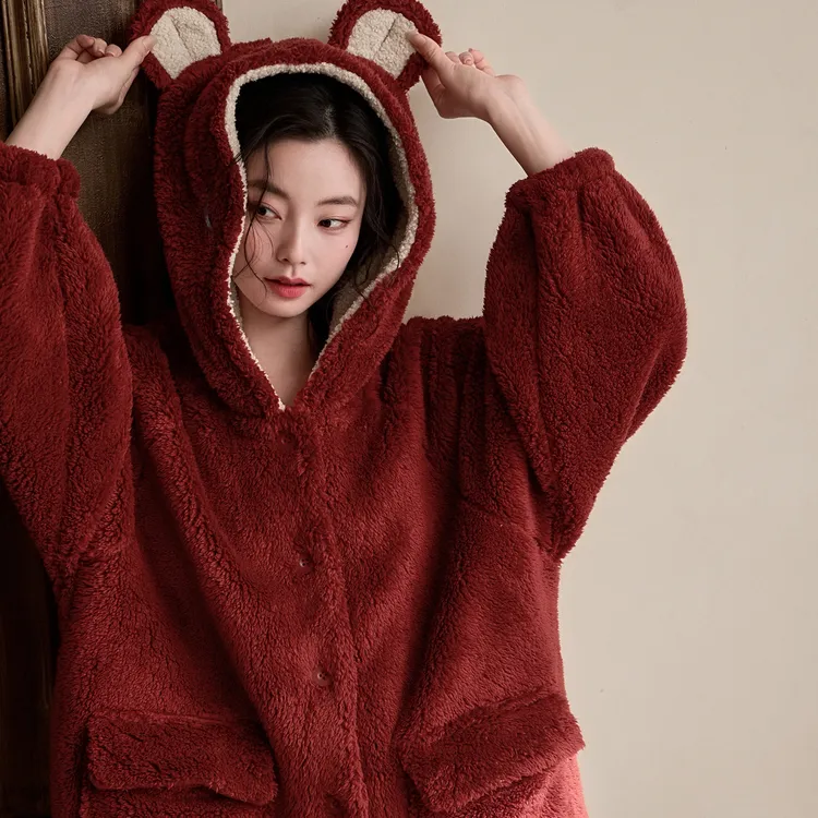 纯禧珊瑚绒睡衣女冬季加厚红色连帽中长款可外穿保暖家居服秋冬天