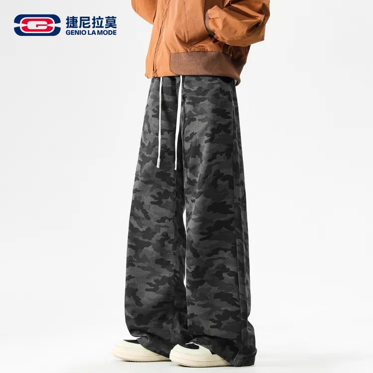 【敖瑞鹏代言】GENIOLAMODE直筒迷彩抽绳牛仔裤男士秋冬新款美式