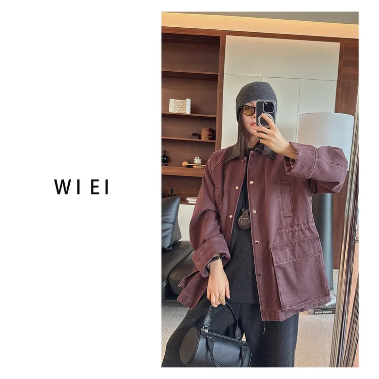 《WI EI》PR秀场高密全棉重工水洗拼色羊皮领密歇根夹克W25303019