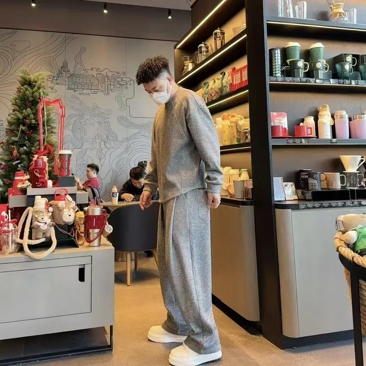 xy-37001-37002冬季加绒加厚高级感老钱风竖条纹宽松百搭休闲套装