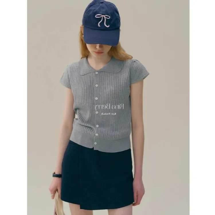 灰色Polo领短袖针织t恤女2025新款夏季小个子韩系独特绝美小上衣