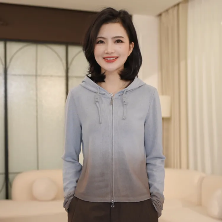 枫竺阿楠anan气质通勤渐变色连帽卫衣女秋修身开衫外套出游上衣