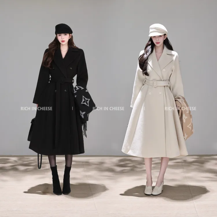 舒胡蕾 机场女明星 冬季气质时尚收腰赫本风长款毛呢大衣