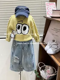 韩系女童深秋款加厚可爱卡童套头毛衣男女童做旧复古破洞牛仔裤