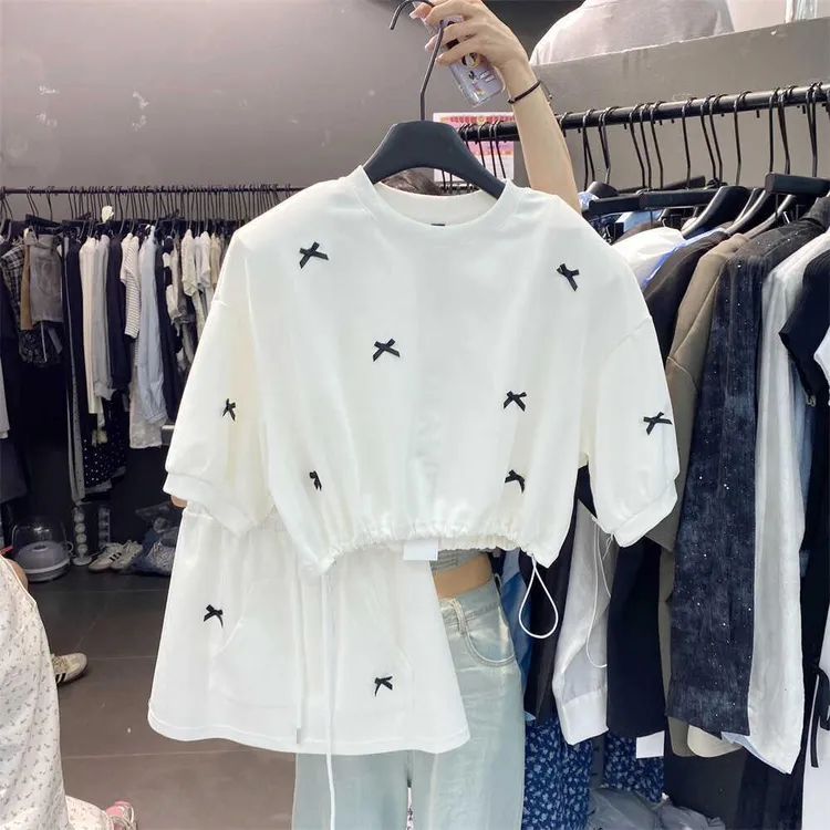 韩系蝴蝶结设计感套装裙女夏季新款休闲慵懒短袖上衣半身裙两件套
