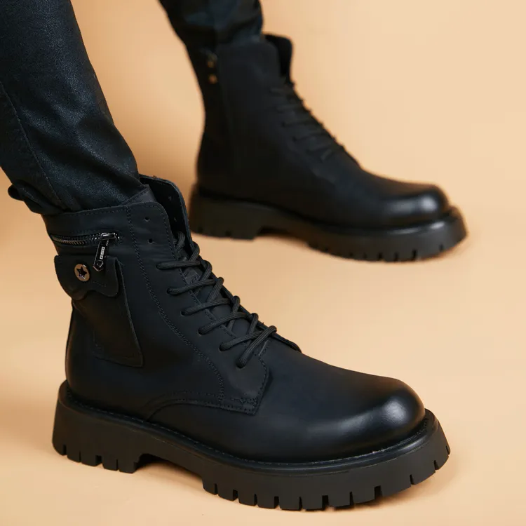 EAEOVNI新款马丁靴男英伦高帮皮鞋百搭休闲厚底内增高工装机车靴