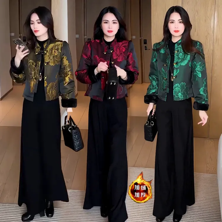 新中式国风加绒加厚短外套女秋冬新款洋气复古盘扣提花上衣潮