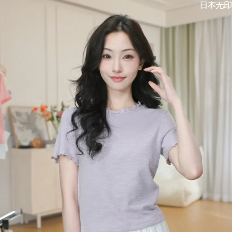 日本无印mujie茵曼夏季法式荷叶边恤时尚百搭圆领短袖上衣