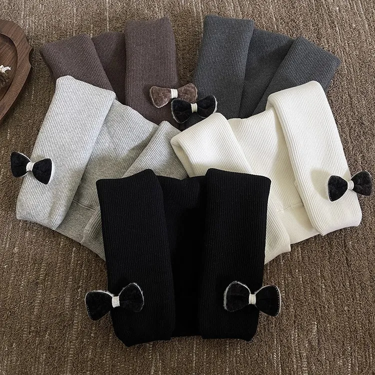 冬季新品美拉德毛绒蝴蝶结加绒加厚韩系女儿童宝宝打底裤