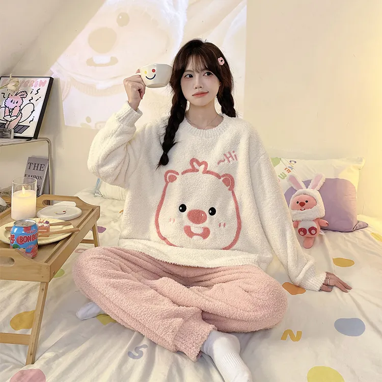 女童睡衣秋冬季珊瑚绒加厚半边绒儿童loopy女孩13岁初中生家居服