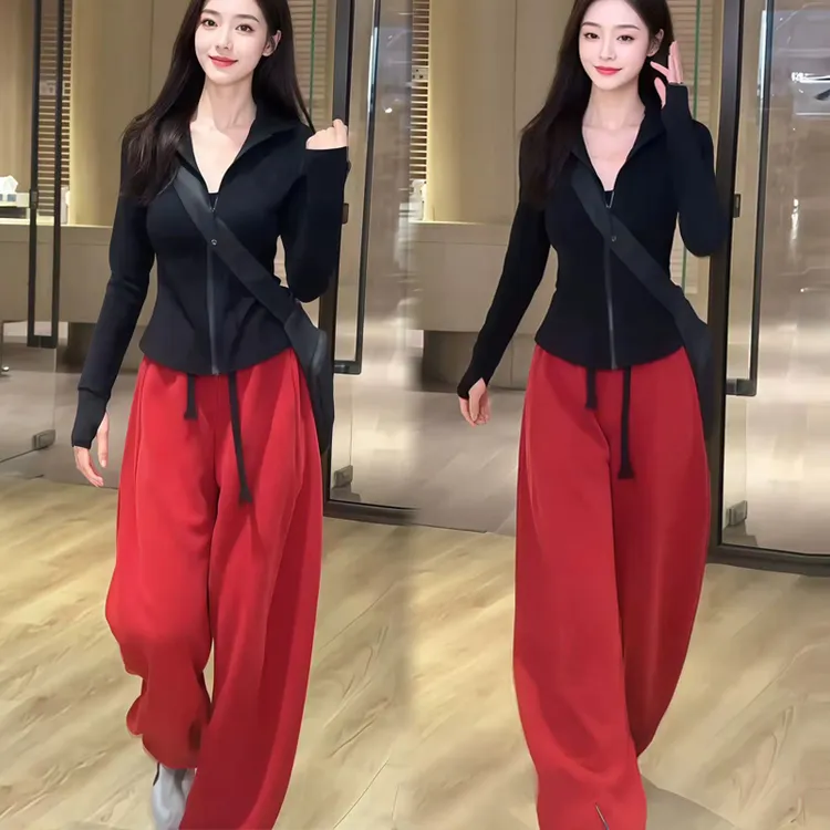 时尚套装女修身秋季新款长袖短款T恤外套休闲束脚阔腿裤两件套潮