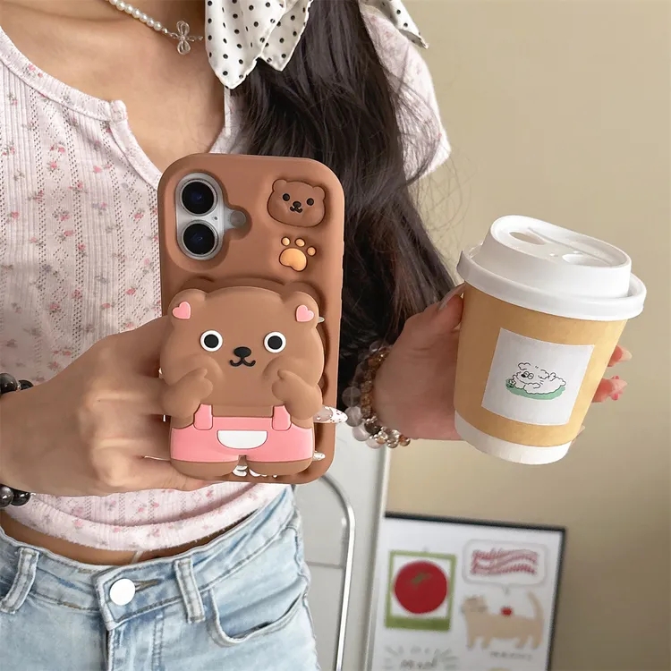 苹果|呆萌支架嘟嘟熊可爱适用iPhone16卡通立体硅胶手机壳防摔
