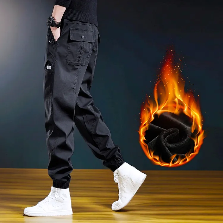 美式复古休闲裤男潮牌冬季加厚宽松时尚束脚加绒工装裤哈伦运动裤