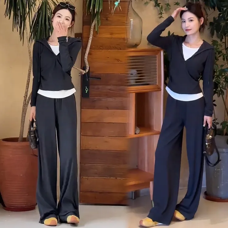 时尚休闲套装女2025秋季新款洋气显瘦假两件连帽上衣阔腿裤两件套