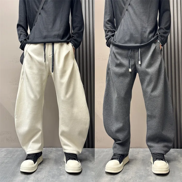 2025冬季男士加绒卫裤纯色简约抽绳休闲运动长裤男垂感阔腿弯刀裤