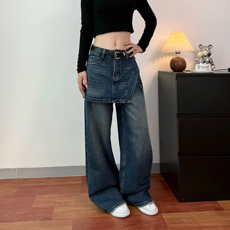 高腰显瘦假两件拼接牛仔裤女2025秋季新款宽松阔腿长裤