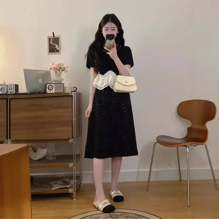 大码女装胖mm夏季新款法式拼接细闪收腰显瘦连衣裙