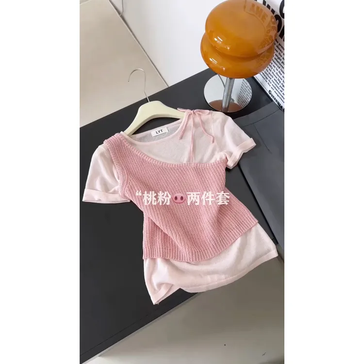 韩系温柔风粉色针织衫T恤斜肩吊带背心两件套女夏季新款显瘦上衣