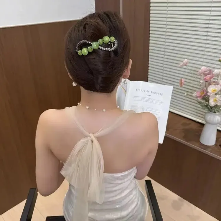 新中式珠珠水钻八字扭扭夹发量多后脑勺盘发一字夹气质发卡盘发器