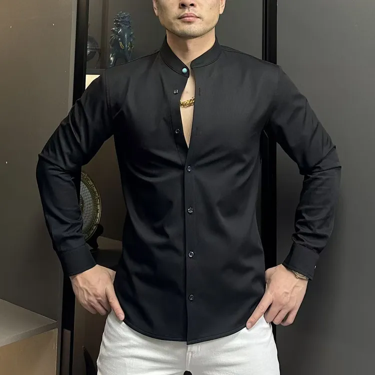 冬季新款加绒保暖磨毛加厚对襟纯色立领衬衫休闲商务修身衬衣帅气