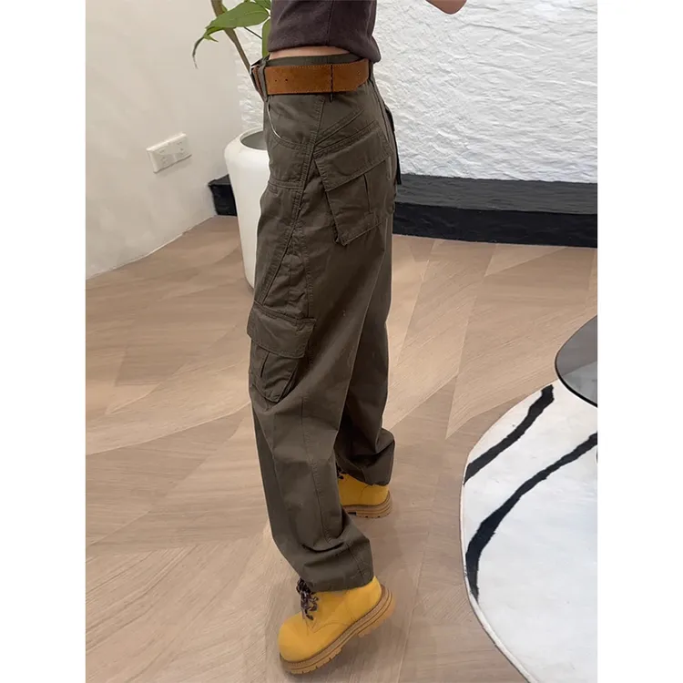 军绿色高腰窄版工装裤女大码秋季复古设计感弯刀阔腿裤胖mm牛仔裤
