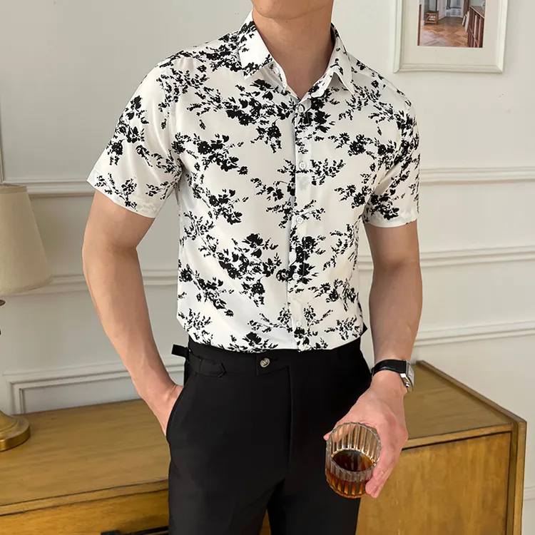 2025新款男士碎花短袖衬衫商务休闲印花衬衣半袖夏季薄款帅气百搭