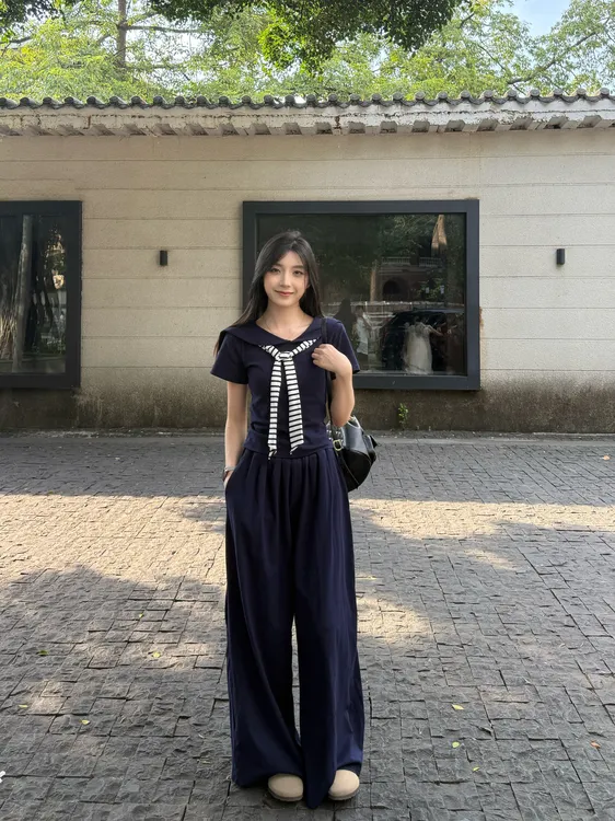 2025夏季新款海军领套头上衣设计感条纹披肩宽松阔腿长裤套装女