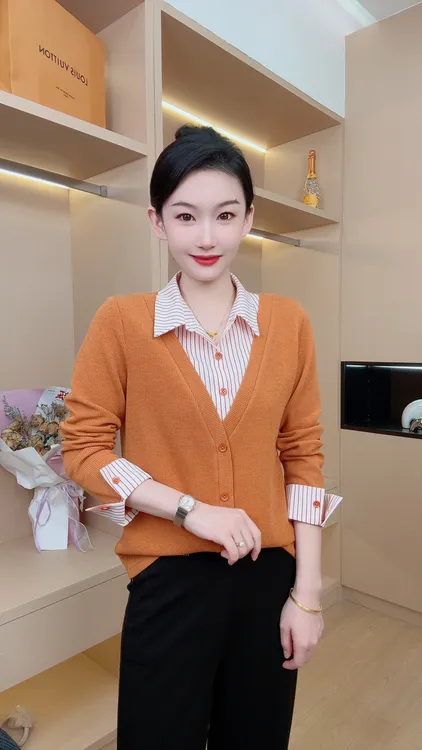 秋季假两件气质显瘦减龄设计感条纹翻领女士长袖小衫衬衣上衣