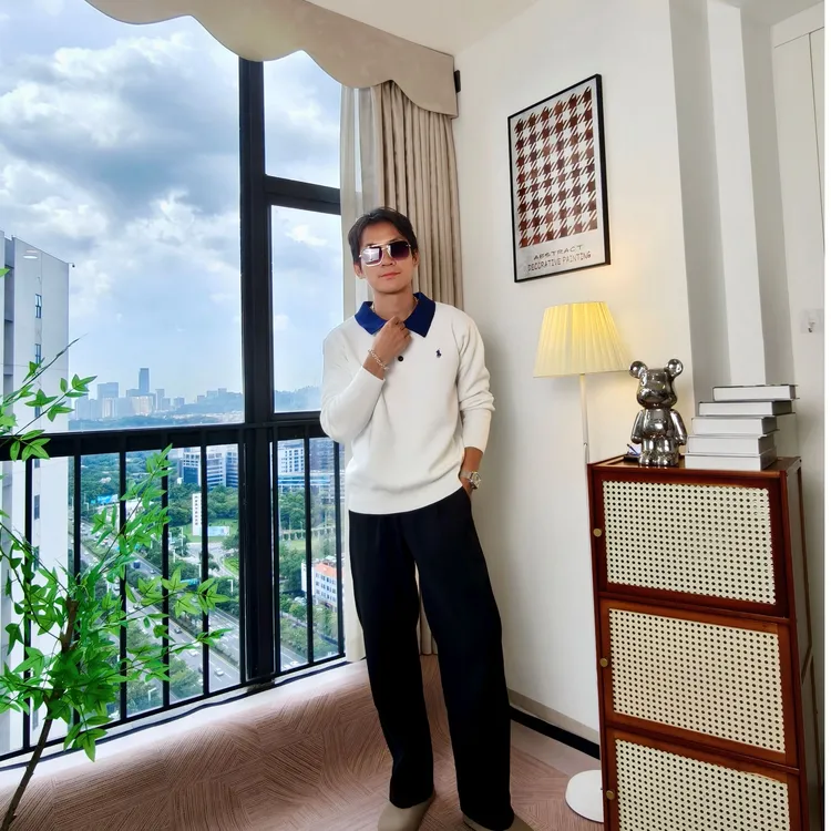 骑士刺绣毛针织衫撞色翻领纯色不起球polo学院风上衣百搭毛衣