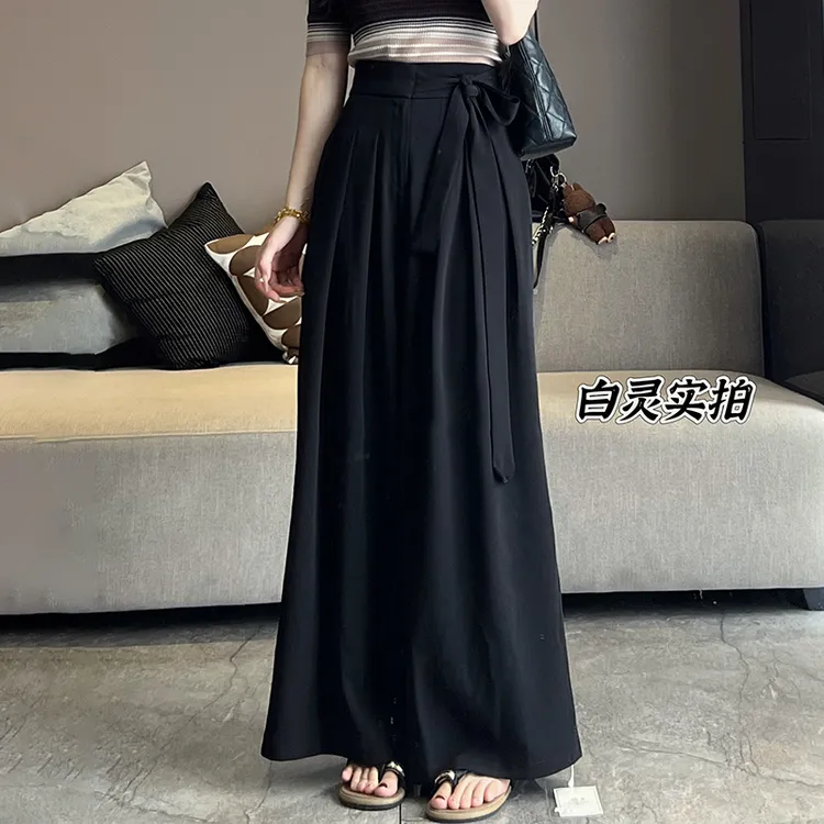 飘带系带高腰西装裤女梨形身材遮肉显瘦阔腿裤垂坠感收腰长裤ins