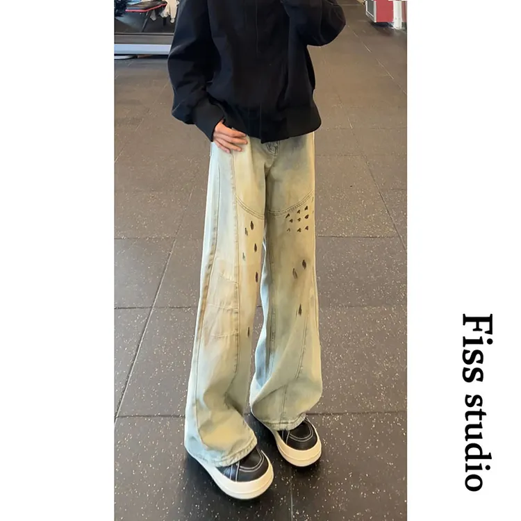 扎染水洗立体剪裁泼墨牛仔裤秋冬宽松长裤休闲小众复古遮肉显瘦