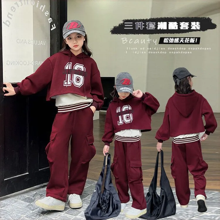 女童韩版套装中大童春秋新款洋气字母连帽卫衣条纹背心长裤三件套