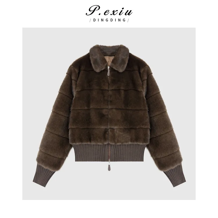 复古高级气质毛绒感拼接螺纹翻领长袖外套W-63675