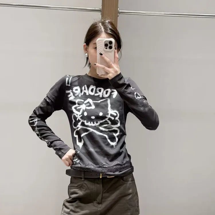 【现货】FORDARE/福蝶25秋冬仿洗水假两件涂鸦感蕾丝T恤