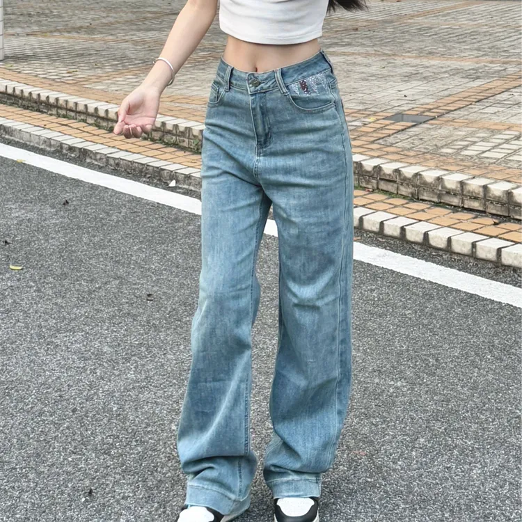 美式复古阔腿牛仔裤女爆款2025新款高腰宽松垂感加长直筒拖地裤子
