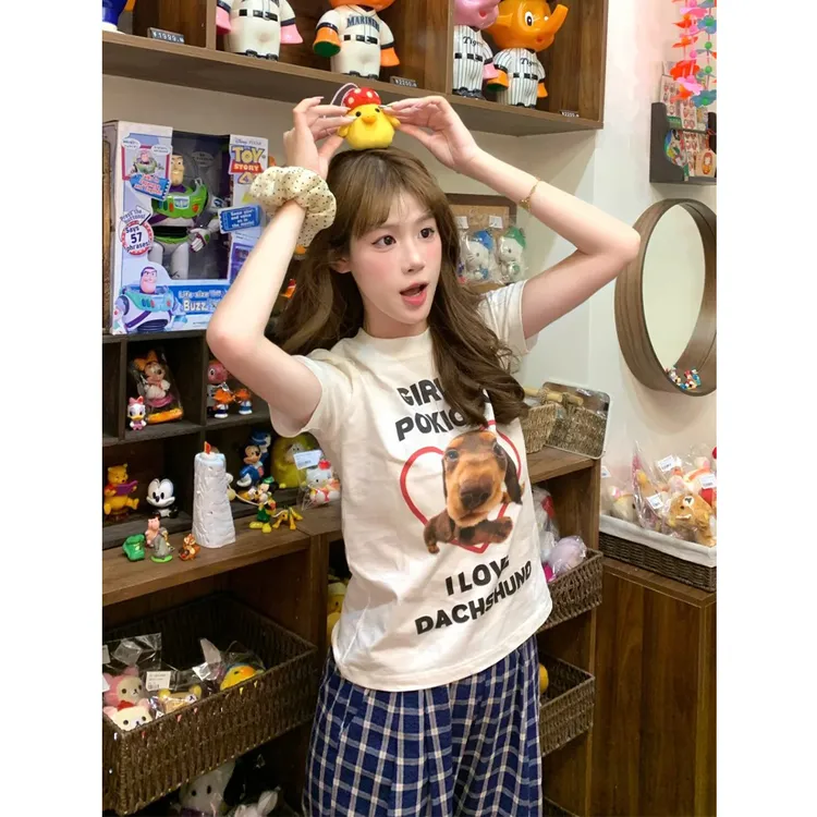 美式趣味腊肠狗正肩百搭休闲短袖T恤女夏短袖宽松显瘦短款上衣潮