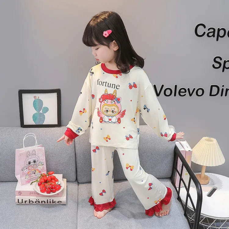儿童睡衣套装可爱卡通拉布布花边小女孩莫代尔薄款长袖家居服四季