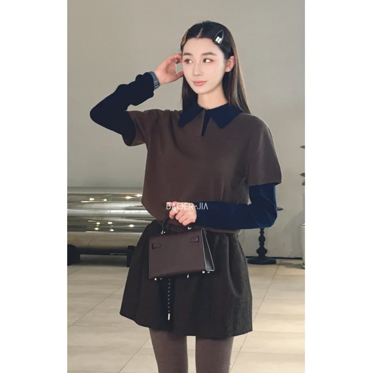 88-【MIU+假两件】宝儿家含幂BV107725309冬季拼接山羊绒绵羊毛上衣