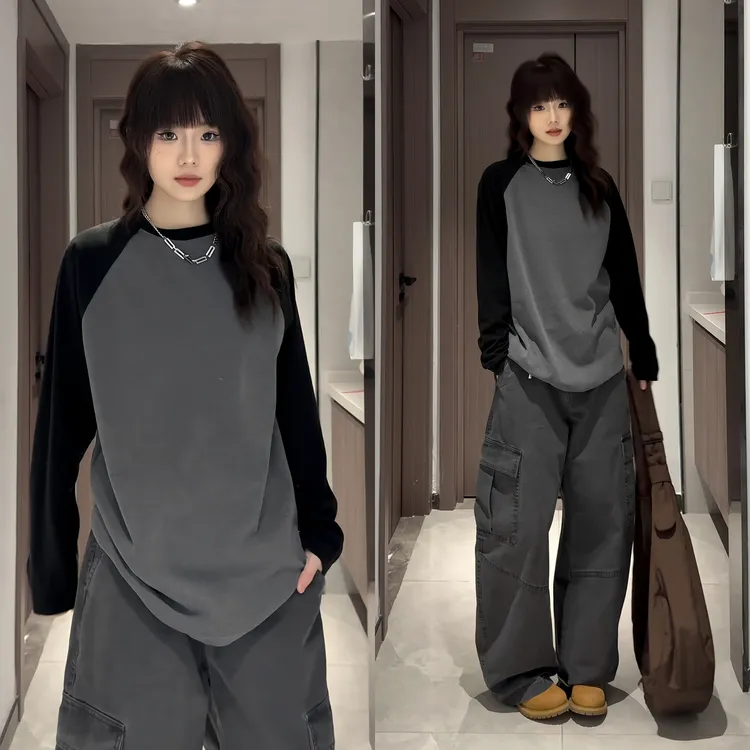 插肩袖德绒长袖T恤男秋冬季宽松运动内搭打底衫美式潮牌情侣上衣