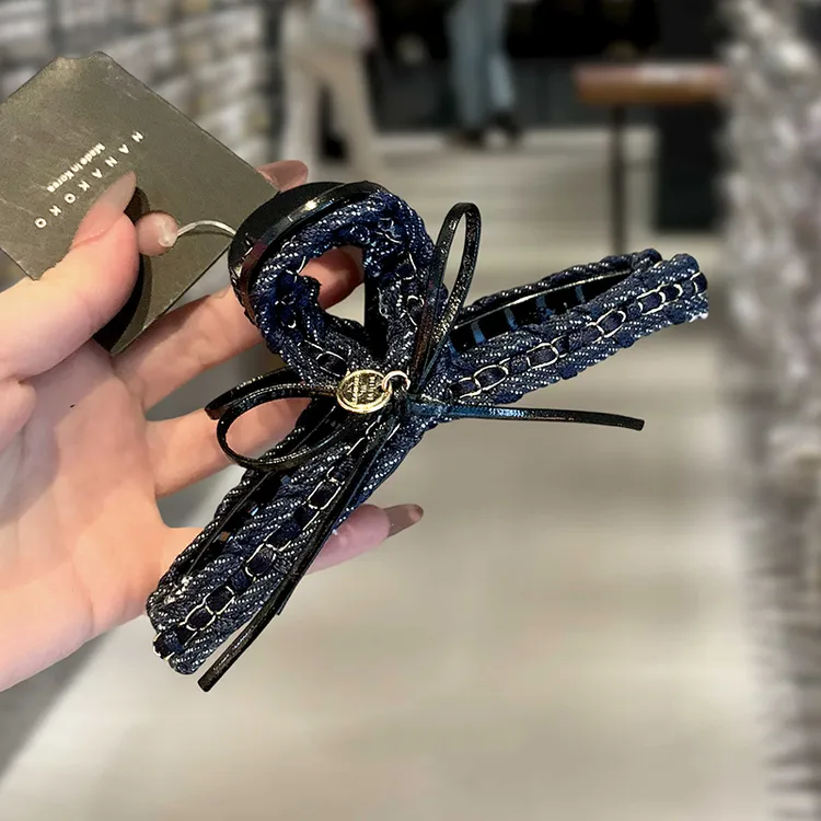 韩国新款精致复古牛仔链条蝴蝶结鲨鱼夹抓夹后脑勺大号发量多发抓