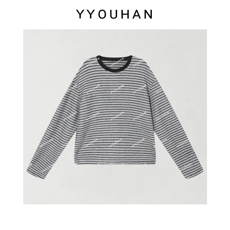 月月 2025冬季新款小众设计海岛绒条纹百搭编织长袖T恤 2511C7827