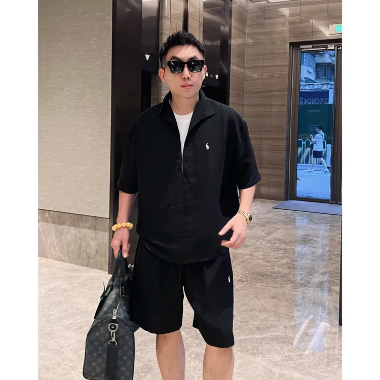 【天丝亚麻两件套】夏日亚麻天丝清爽撞色马标刺绣短袖套装MM88066