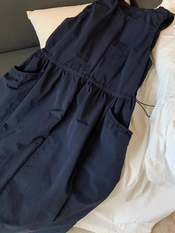 特大码300斤胖MM收腰抽绳工装背心裙女夏季速干宽松过膝连衣裙ins