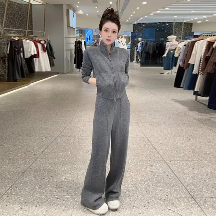 欧货休闲套装女2025秋新款灰色长袖开衫外套高腰阔腿裤两件套