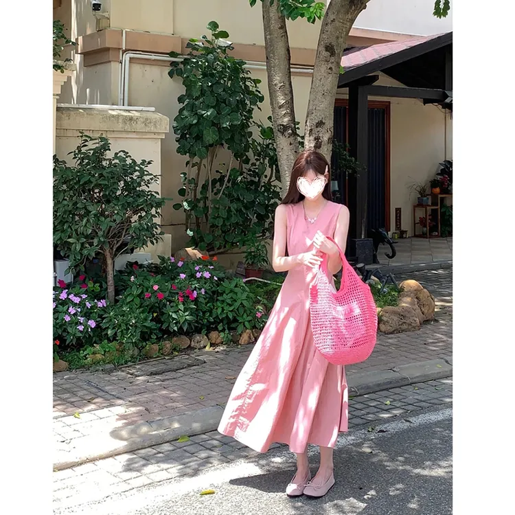 FRVXO夏季韩版修身拼接设计长款气质显瘦背心连衣裙收腰长裙